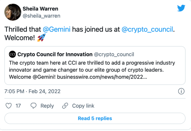 Crypto Council for innovation tweet about gemini